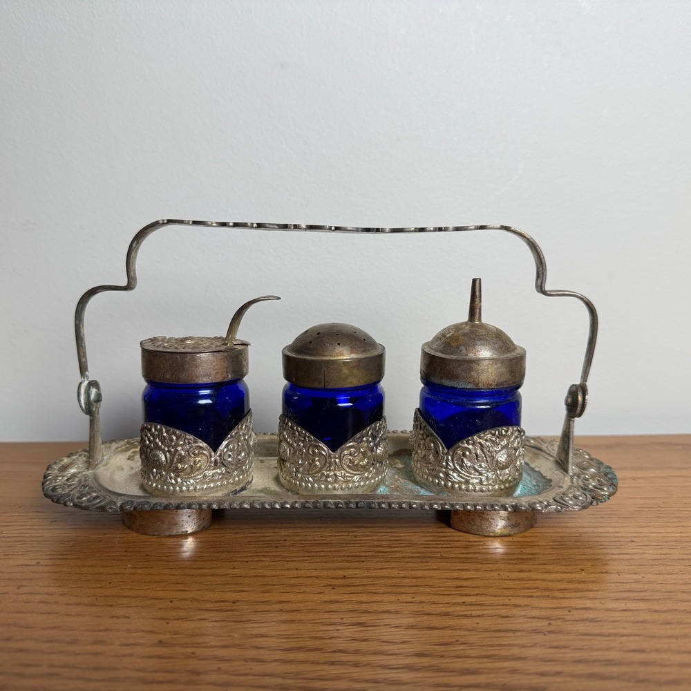 Victorian Era Antique‎ Silver Plated Cobalt Blue Condiment Serving Caddy